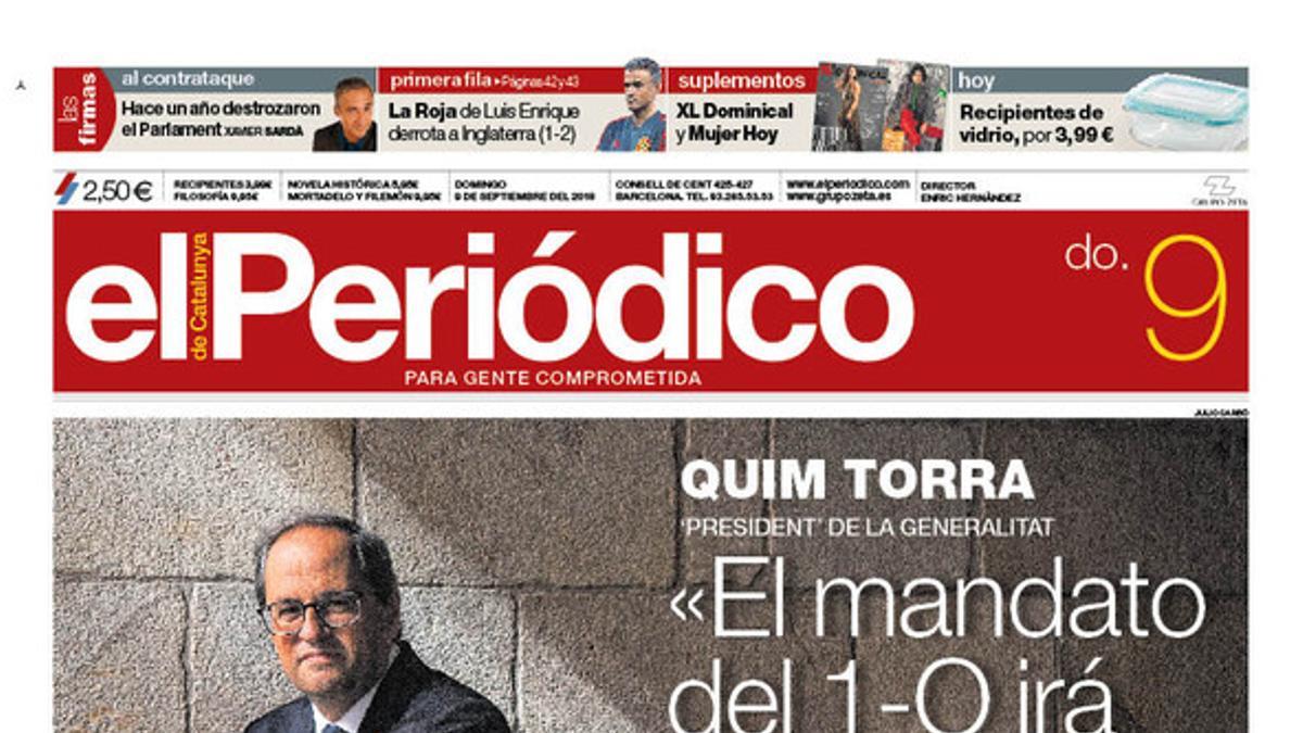 La portada de EL PERIÓDICO DE CATALUNYA del domingo, 9 de septiembre del 2018