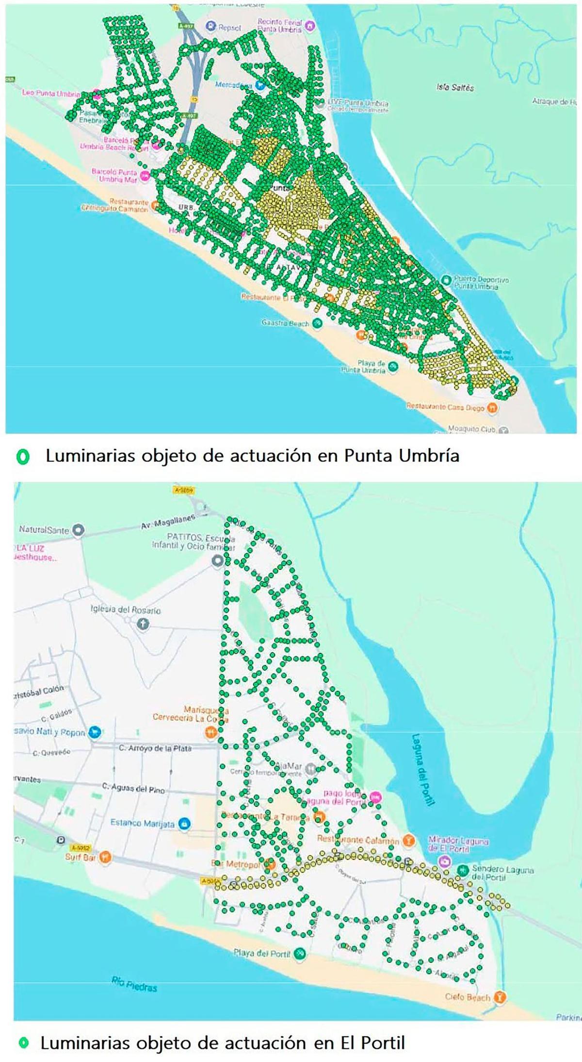 Zonas en las que se actualizará las luminarias en Punta Umbría y El Portil.
