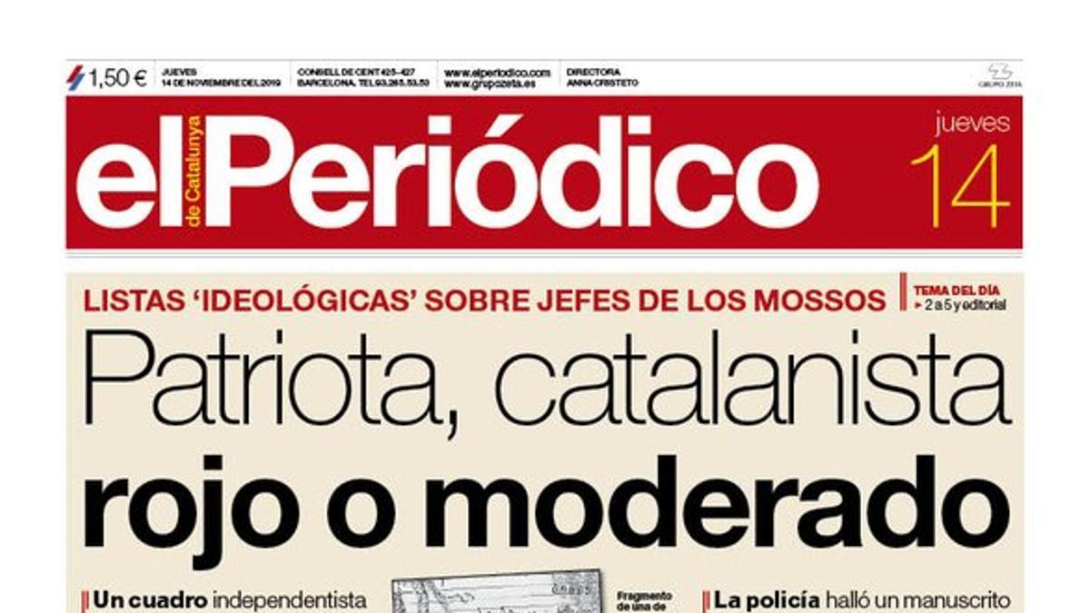 La portada de EL PERIÓDICO del 14 de noviembre del 2019.