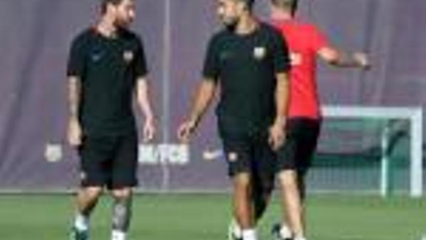 Leo Messi i Luis Suárez, en l&#039;entrenament previ al partit d&#039;aquesta nit al Camp Nou.