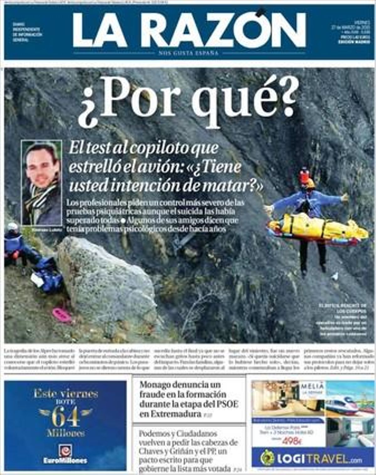 Portada del periódico ’La Razon’, España. 