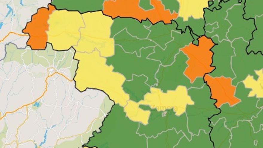 Mapa de riesgo del COVID en Zamora, con la Alta Sanabria en naranja.