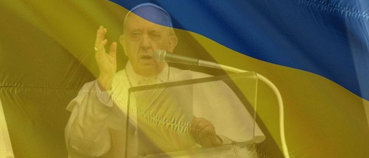 El Papa Francisco en un discurso, con la bandera de Ucrania sobreimpresionada. europa press