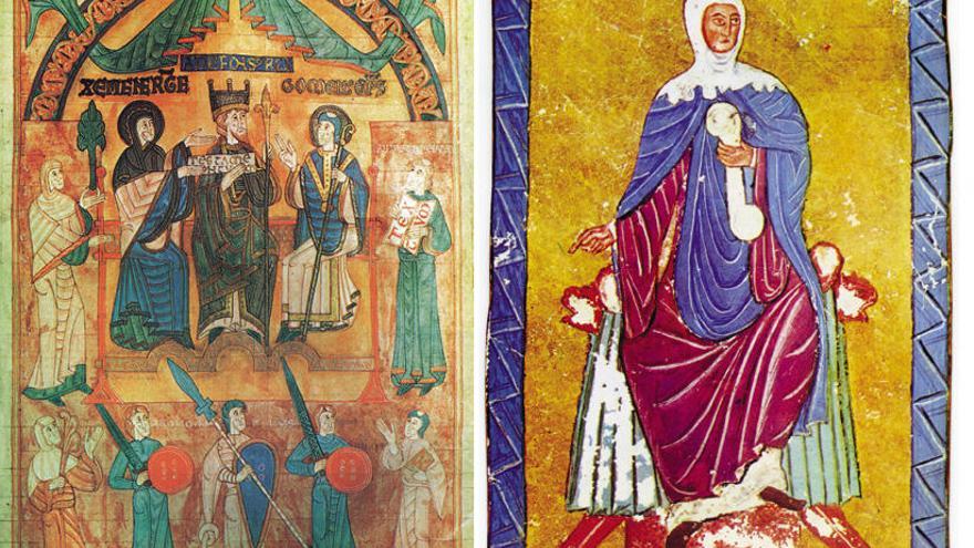 A la izquierda, Jimena y Alfonso III en una de las miniaturas del &quot;Libro de los Testamentos&quot;. A la derecha, Jimena representada en el tumbo de la catedral de Santiago.