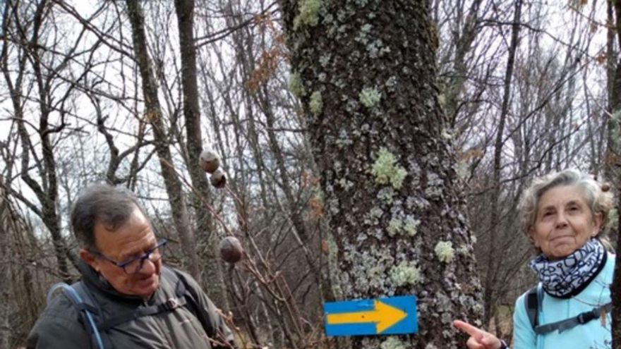 Dos voluntarios tras reponer una señal en el Camino de Santiago.