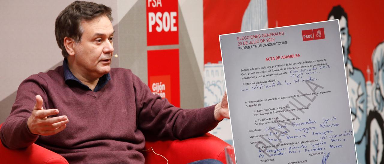 Francisco Blanco , en una imagen de archivo. En el recuadro, un copia del acta de la asamblea de Onís, donde todos los afiliados votaron solo a dos candidatos.