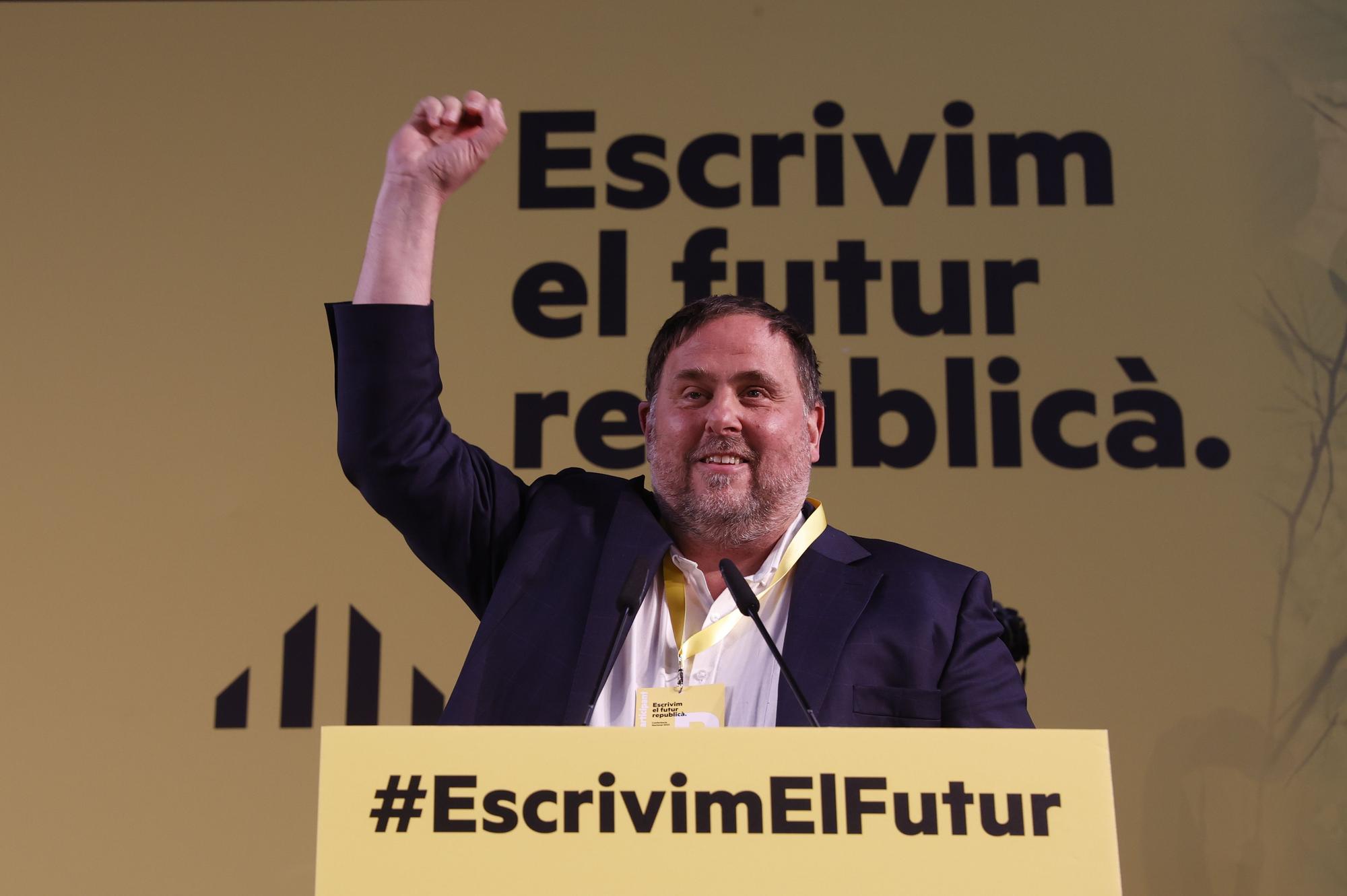 El líder de ERC, Oriol Junqueras, durante la Conferencia Nacional de su partido en L'Hospitalet de Llobregat (Barcelona).