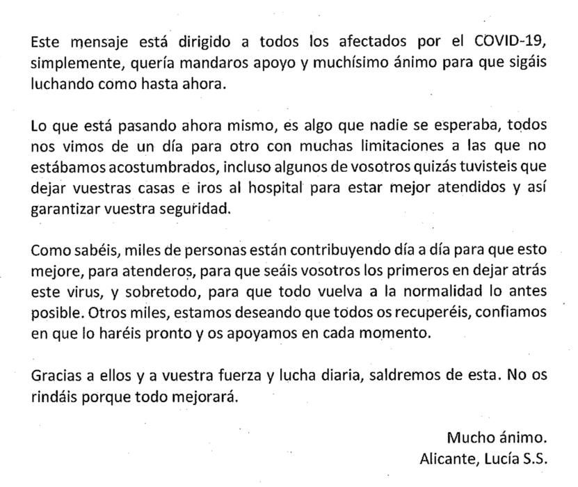 Cartas reconfortantes para los pacientes del coronavirus