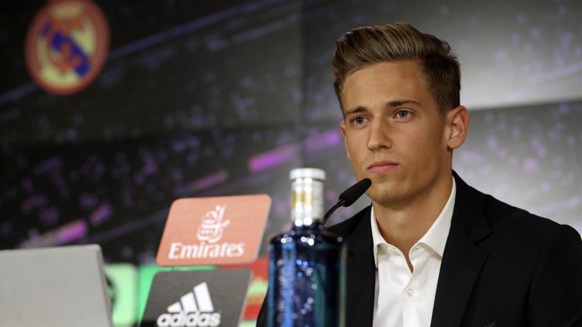 Marcos Llorente, en la sala de prensa del Bernabéu