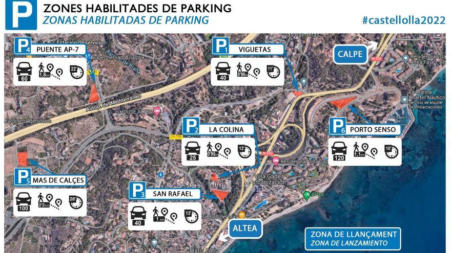 Plano de distribución de los aparcamientos habilitados para Castell de l´Olla.