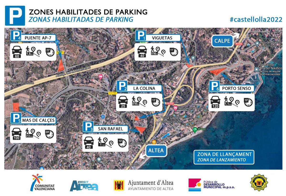 Plano de distribución de los aparcamientos habilitados para Castell de l´Olla.