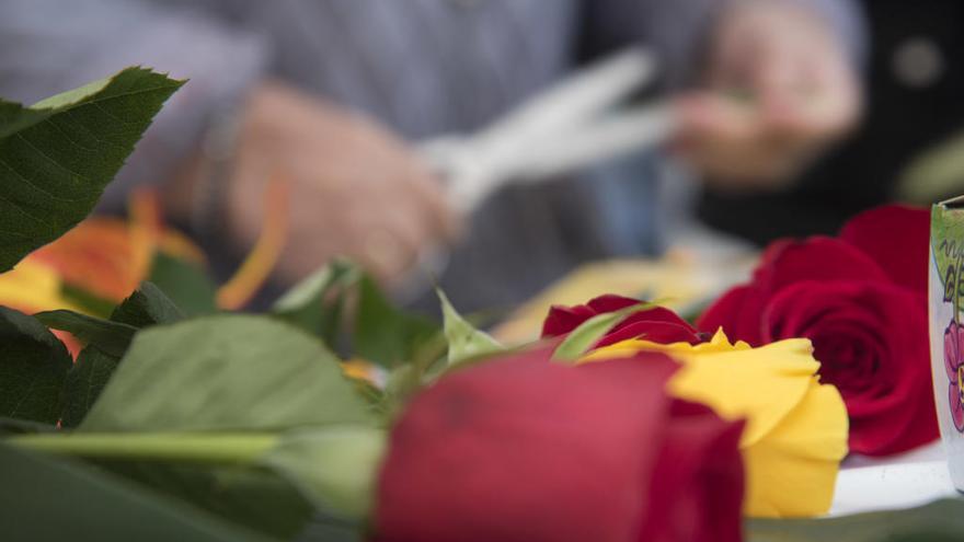 Moltes de les parades que hi havia ahir al passeig Pere III combinaven la venda de roses vermelles amb grogues.