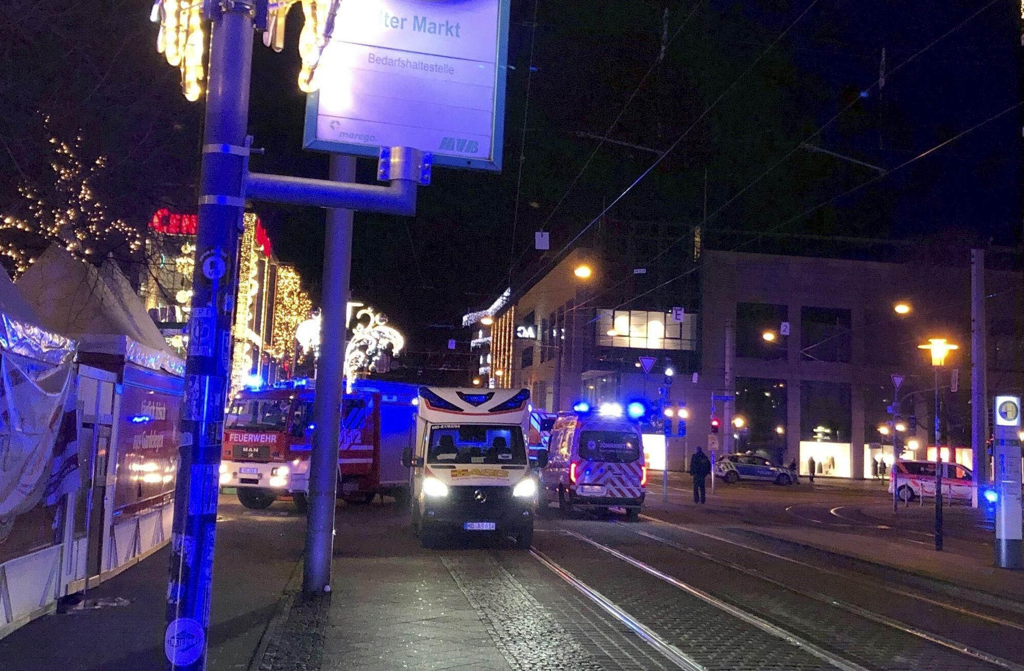 Emergency services attend an incident at the Christmas market in Magdeburg, Germany, Friday Dec. 20, 2024. (Dörthe Hein/dpa via AP). GERMANY OUT; MANDATORY CREDIT