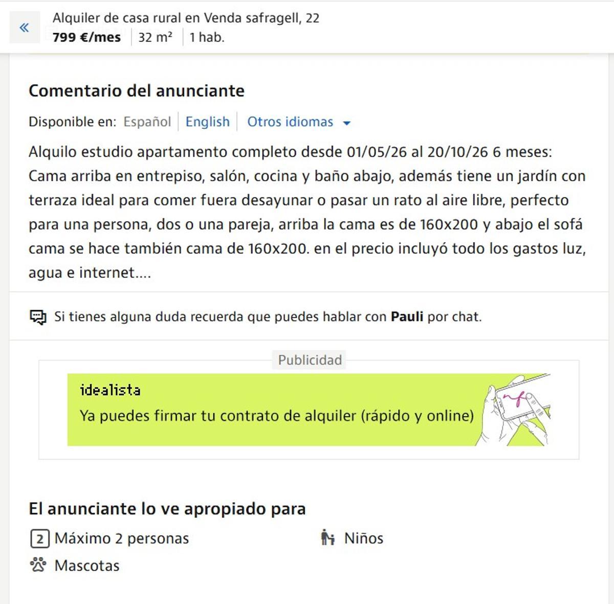El anuncio publicado por el propietario
