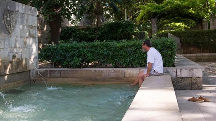 Un hombre sobrelleva la ola de calor que ayer seguía azotando la isla remojando los pies en la fuente de los jardines de s´Hort del Rei, en Palma.