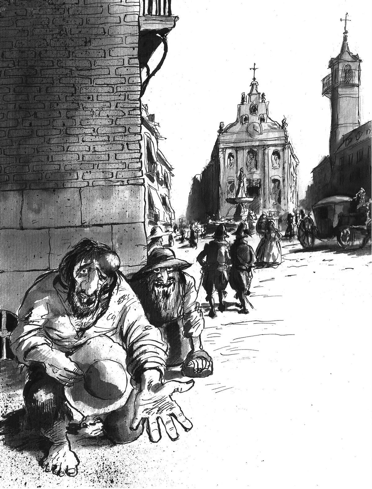 La puerta del Sol en el Siglo de Oro, ilustración de José María Gallego para el Madrid en tiempos de Cervantes.