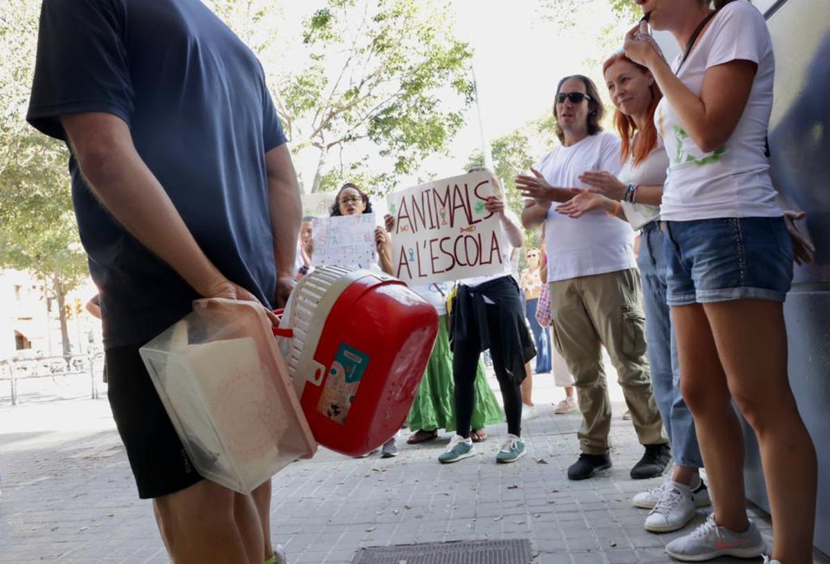 Padres y madres opuestos a la retirada de animales de la escuela L'Arenal de Llevant, en Barcelona, delante de un miembro de la protectora de animales.