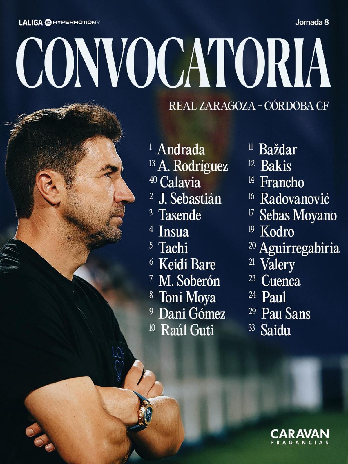 Lista de 24 jugadores del Zaragoza ante el Córdoba.