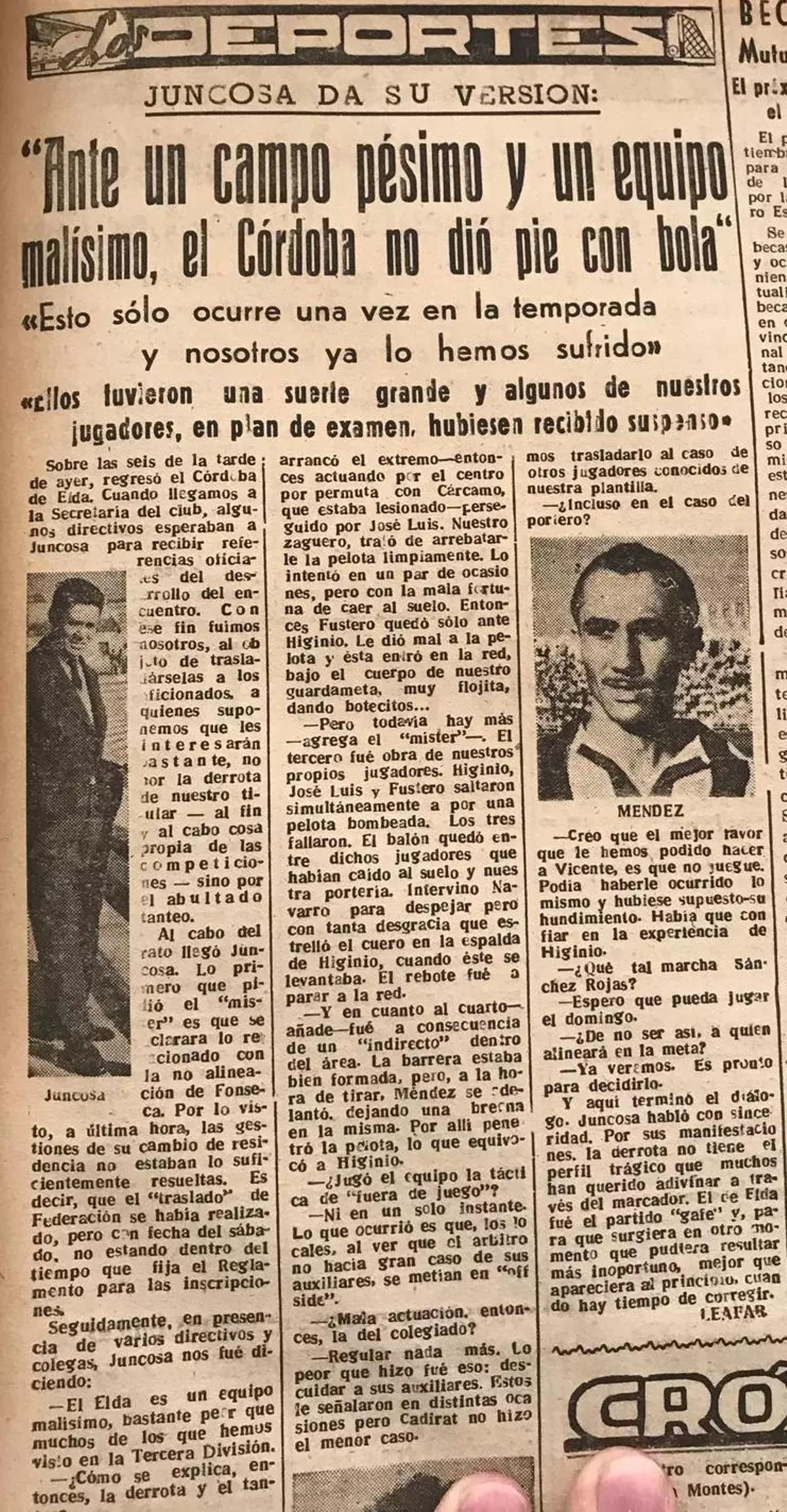 El enfado de Juncosa, entrenador del Córdoba CF en la 1956-57, tras el 4-0 de la primera jornada de Liga en Segunda.