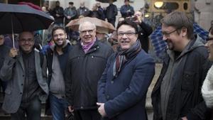 Joan Josep Nuet, acompañado por Xavier Domènech, Joan Coscubiela, Albano Dante Fachin y Lluis Rabell, ante el TSJC.