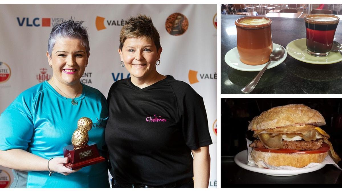 Tere y Belinda Bou son las artífices de los éxitos recientes de Les Cholines. A la derecha su tradicional perolet con miel y el carajillo con azúcar, que se sirve en vaso de cristal; y abajo su famosa hamburguesa que solo preparan para cenas.