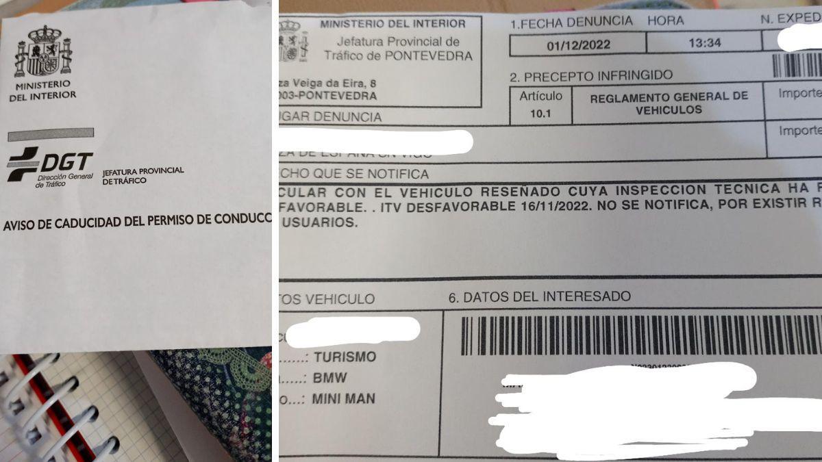 A la izquierda, el sobre que le llegó a esta vecina de Vigo. A la derecha, la multa por no tener la ITV en vigor.