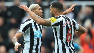 Joelinton y Lascelles festejan uno de los goles del Newcastle.