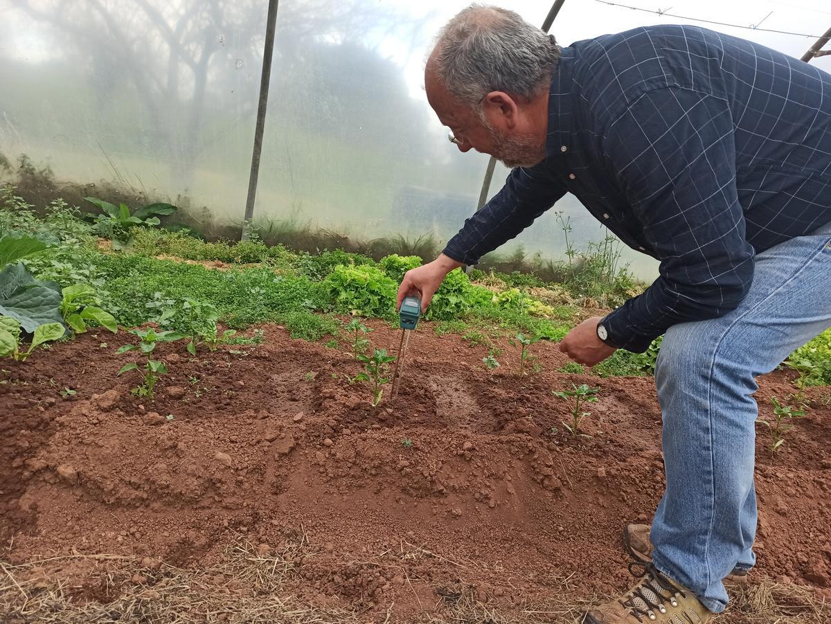 José Ramón Suárez comprueba el PH del terreno.