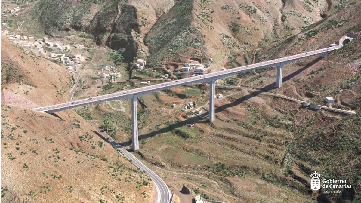 Infografía del viaducto de El Risco, en la carretera entre Agaete y La Aldea.
