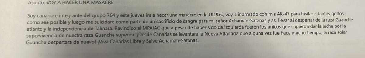 Correo divulgado con la falsa amenaza a personal de la ULPGC