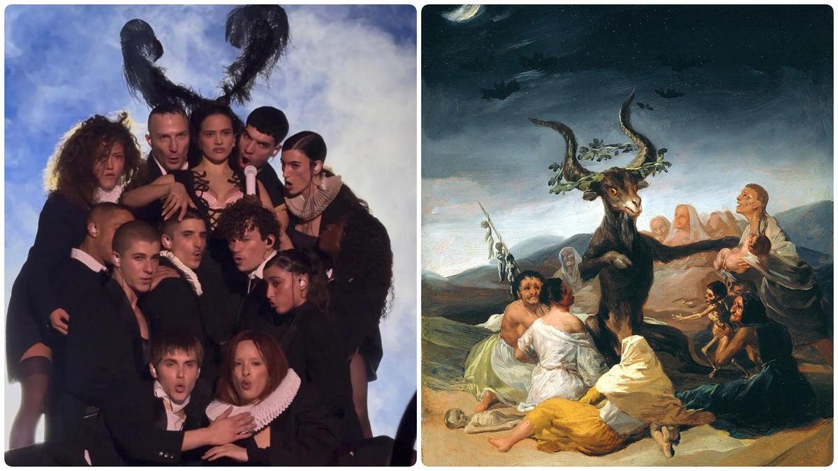 Un momento de la actuación de 'Berghain' y el cuadro de Goya 'El aquelarre'.
