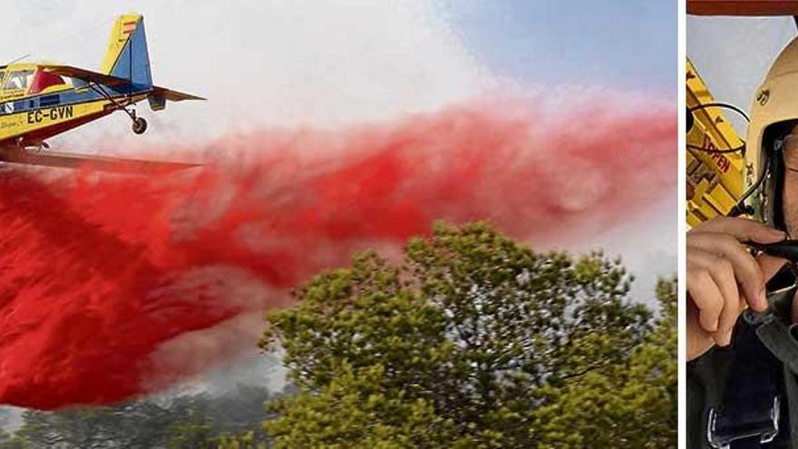 El avión perdido, durante la extinción de un incendio en Eivissa (izquierda), y Antonio Alfaro Martín, el piloto desaparecido.