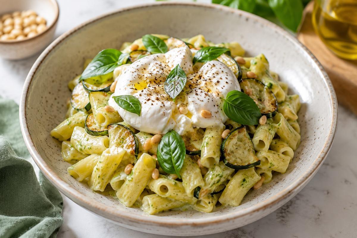 Pasta con crema de calabacín asado, burrata y albahaca