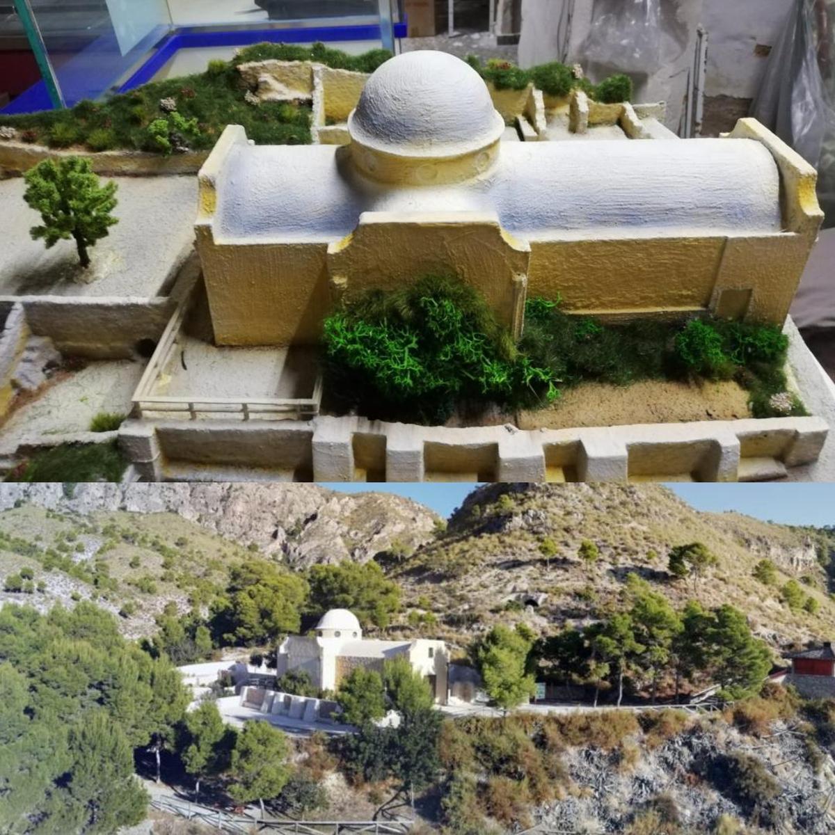 Dos imágenes de una maqueta y de la ermita facilitadas por el Ayuntamiento de Crevillent