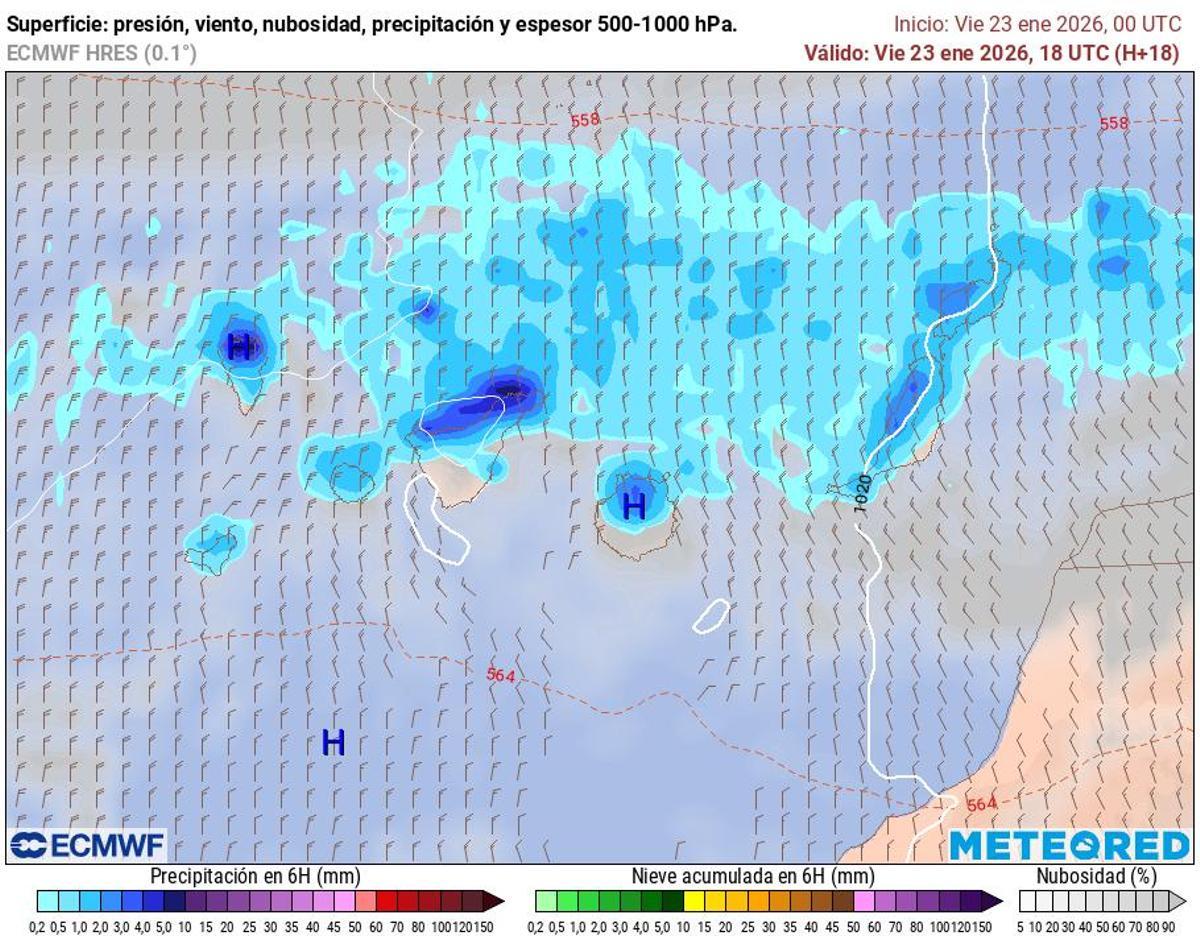 Modelo ECMWF para el sábado 23 de enero con los acumulados para las 18 horas