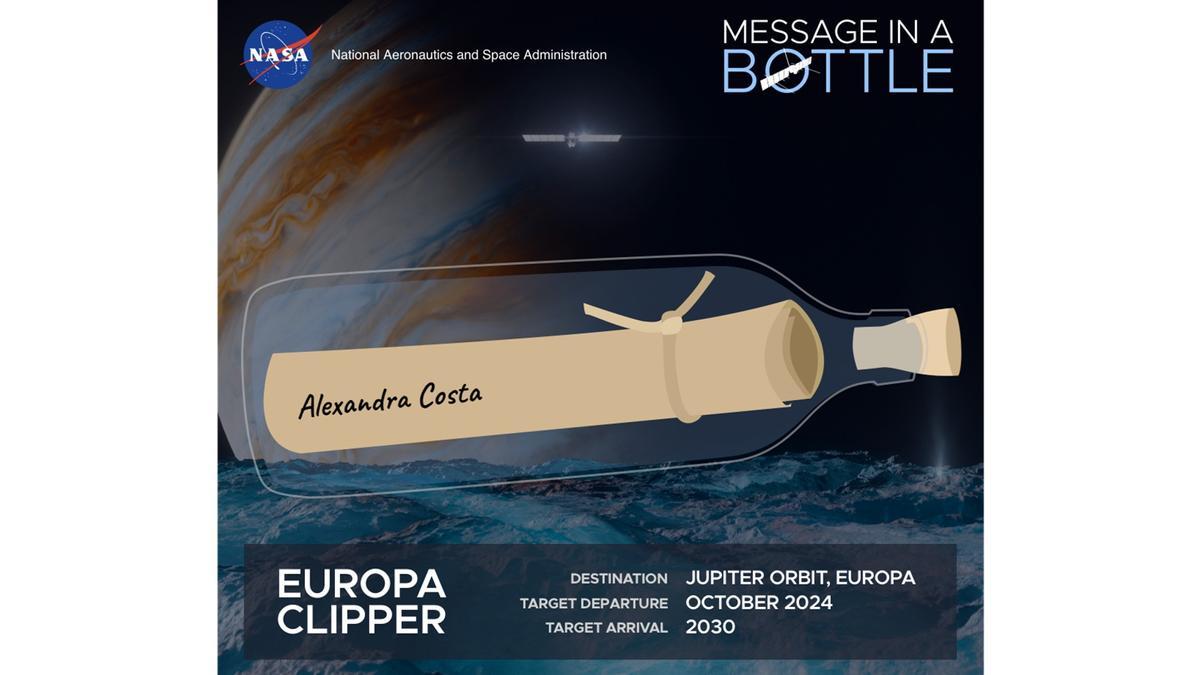 El diploma personalizado del proyecto 'Message in a Bottle' de la NASA en la misión Clipper a Júpiter y la luna Europa.