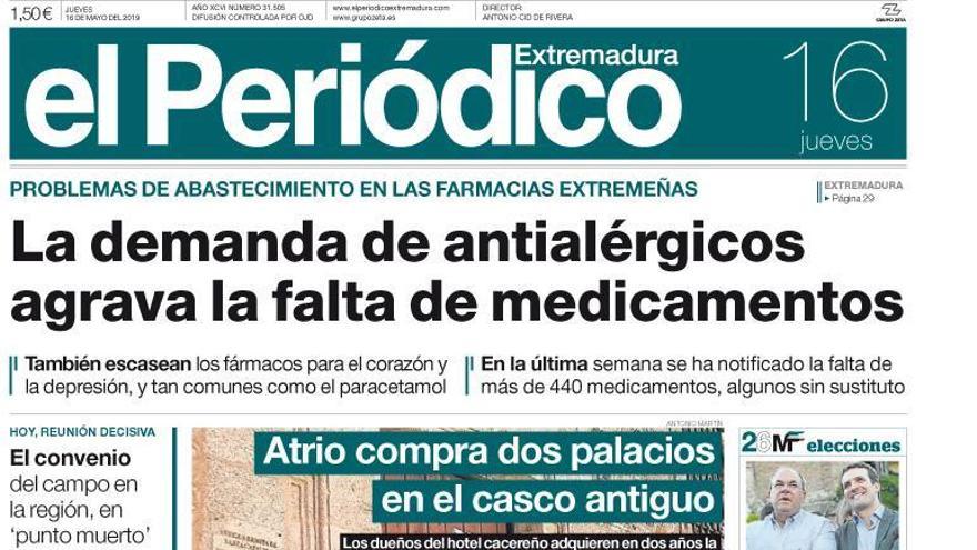 Esta es la portada de EL PERIÓDICO EXTREMADURA correspondiente al día 16 de mayo del 2019