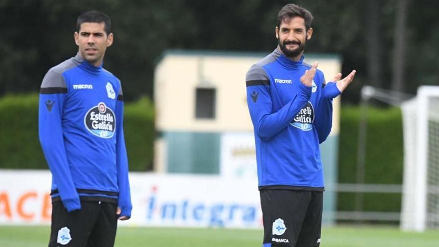 Juanfran y Borges, durante el primer entrenamiento en A Magdalena.