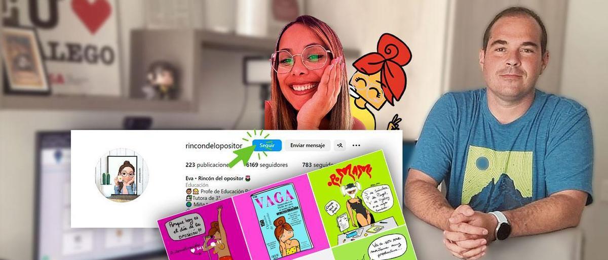 De izq. a dcha. Pablo ROdríguez en su escritorio, Amina Ejrhili de Opositina con su 'alter ego' y la cuenta de Eva Correa.