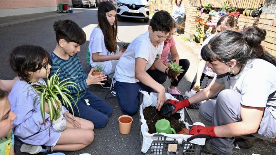 Alumnos del CEIP rellenando las botellas con plantas.