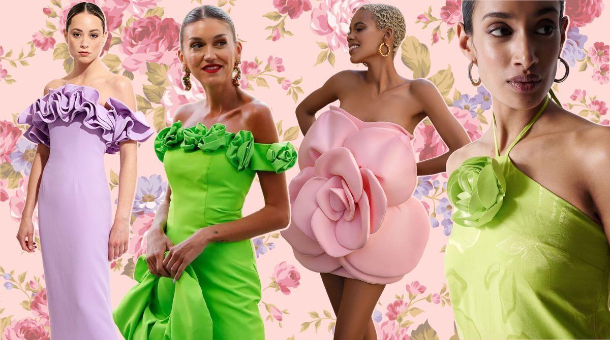 Vestidos de invitada con flor en relieve: las propuestas de Boüret, Silvia Fernández by Cristina Cerqueiras, Victoria Cimadevilla y Salsa Jeans