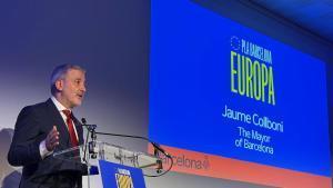 Jaume Collboni, alcalde de Barcelona, durante la presentación del Plan Europa en Bruselas.