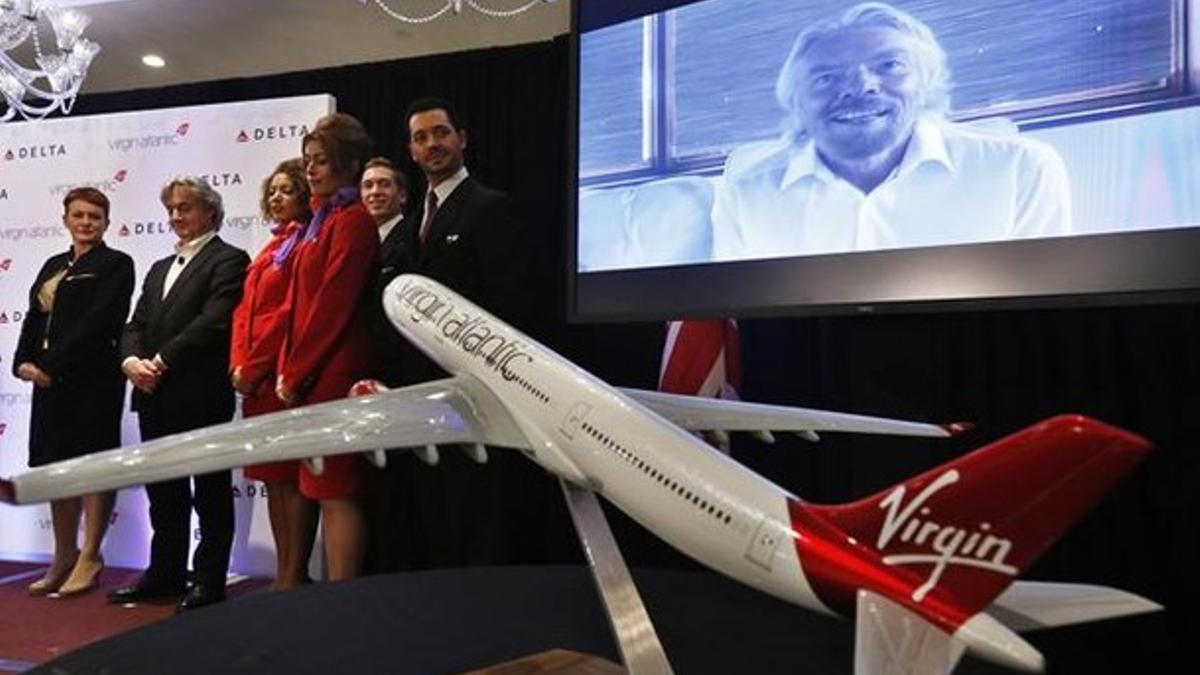 Richard Branson, el pasado día 11 en una videoconferencia de Virgin, la compañía aérea que fundó.