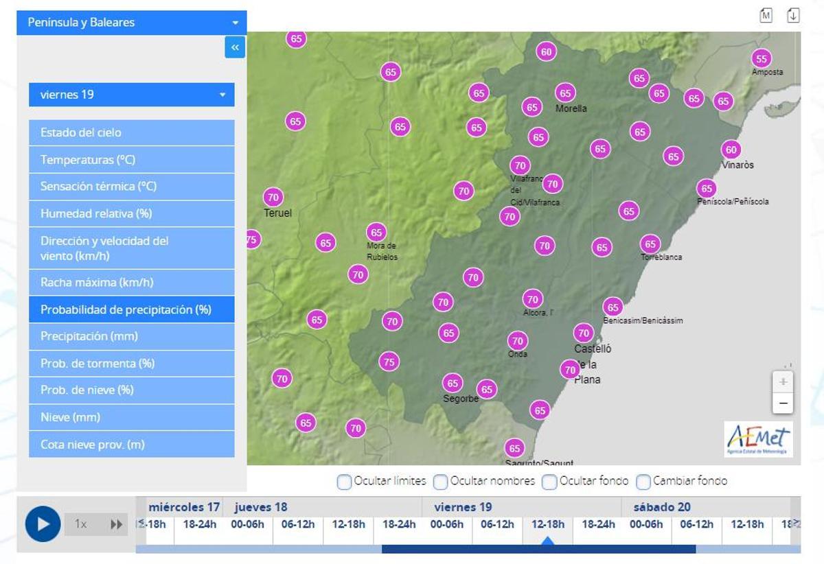 Probabilidad de lluvia en Castellón entre las 12.00 y las 18.00 horas.