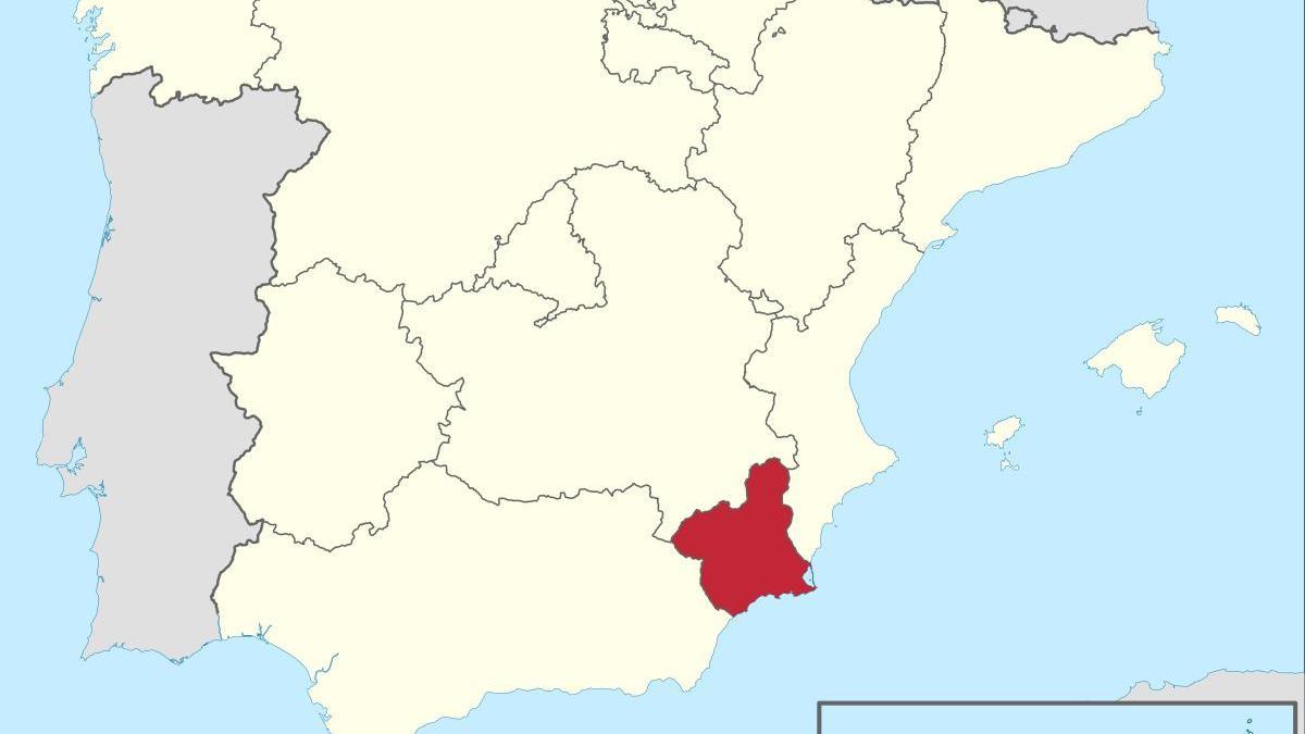La Región de Murcia en el mapa de España.
