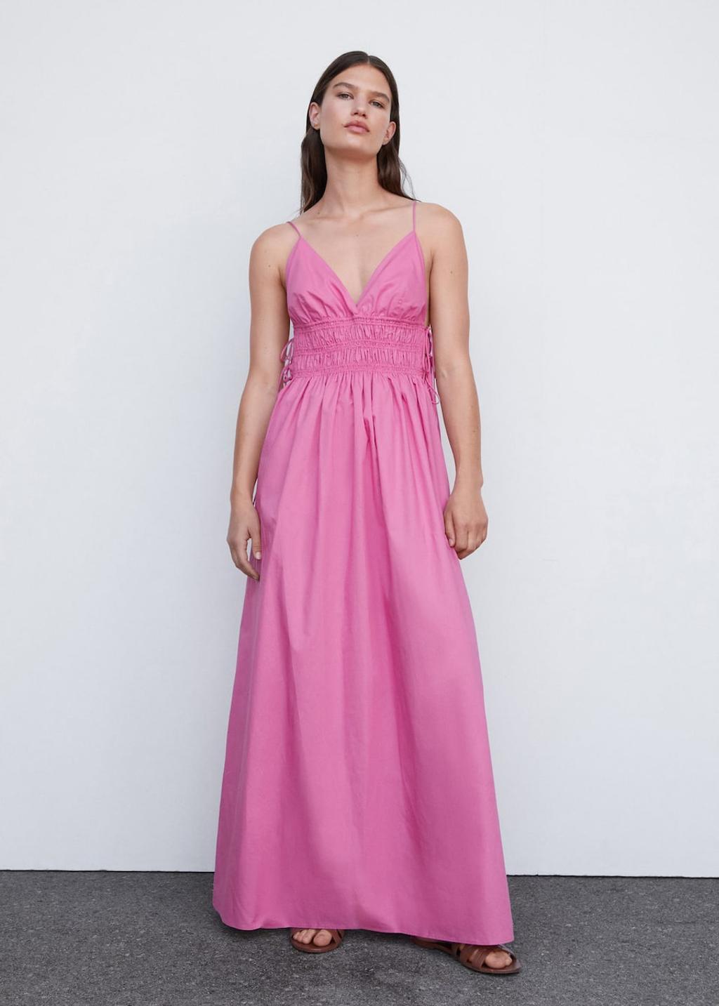 Vestido fucsia de algodón con lazos laterales de Mango