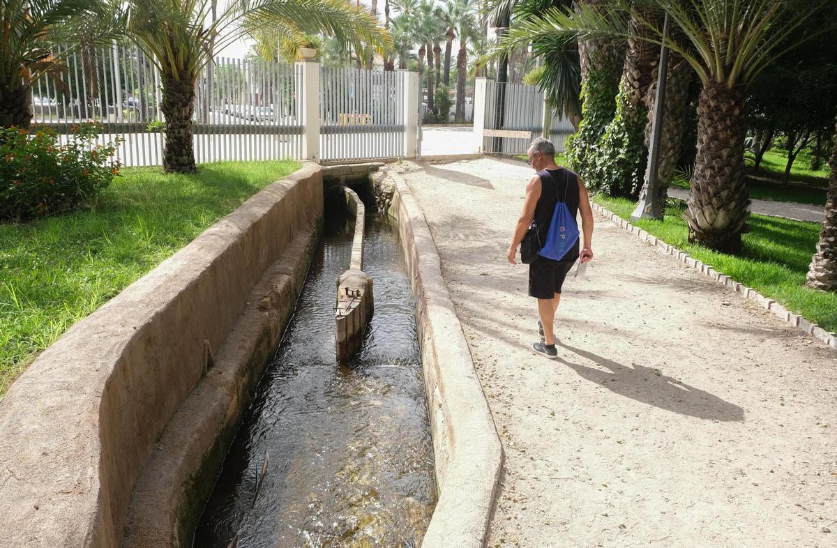 Acequia que atraviesa el Parque Municipal y riega los huertos de palmeras