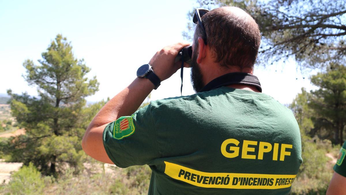 Un vigilante del GEPIF en las Terres de l'Ebre, en una zona en alerta por riesgo muy alto de incendios.
