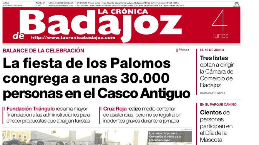 Esta es la portada de LA CRÓNICA DE BADAJOZ correspondiente al día 4 de junio del 2018