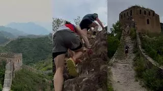 Veintisiete kilómetros corriendo (y trepando) por la Muralla China: dos langreanos y un ovetense completa una prueba de una dureza extrema: "Es una aventura única"